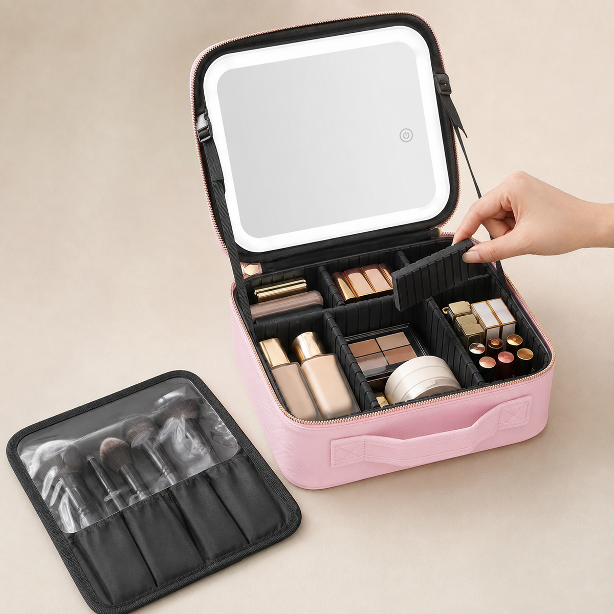 Trousse de maquillage de voyage avec miroir LED