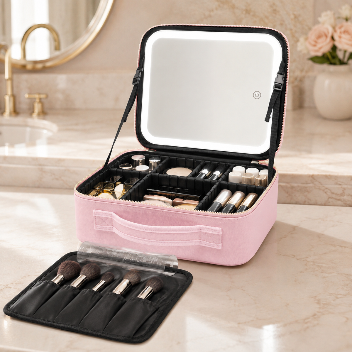 Trousse de maquillage de voyage avec miroir LED